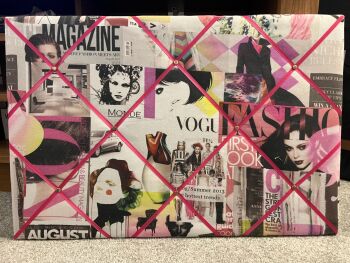 60x40cm Fashion Magazine Pink Ribbon Handcrafted Lightly Padded Fabric Notice Bulletin Memo Pin Cork Board Landscape - ready to post