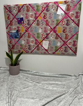 Multicolour Patterned Cats on Grey Lightly Padded Fabric Notice Bulletin Memo Cork Board - Bespoke Handcrafted Service - Great gift to display photos,