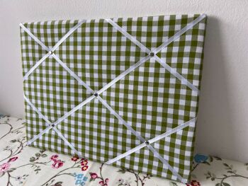 Sage Green Gingham Check Ribbon Handcrafted Lightly Padded Fabric Notice Bulletin Memo Pin Cork Board in 40x30cm - ready to post