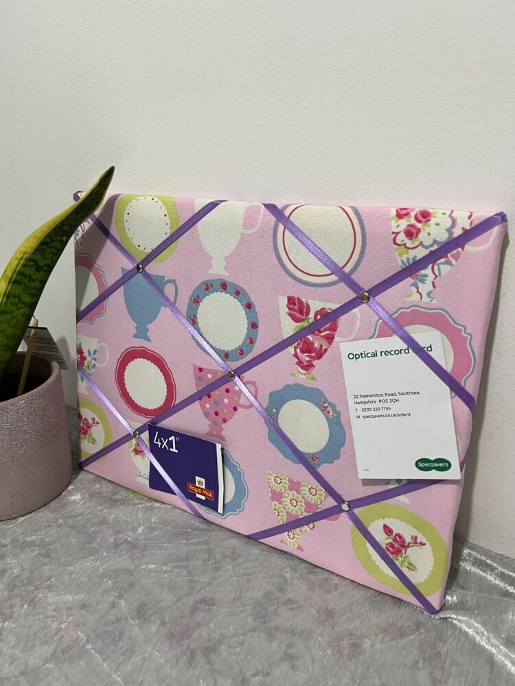 Pink Teacups & Saucers Lightly Padded Fabric Notice Bulletin Memo Cork Pin 