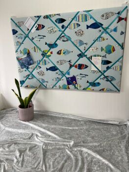 Gone Fishing Padded Fabric Notice Memo Board in Ocean Blue - Aesthetically pleasing ways to declutter - store photos, notes, cards etc