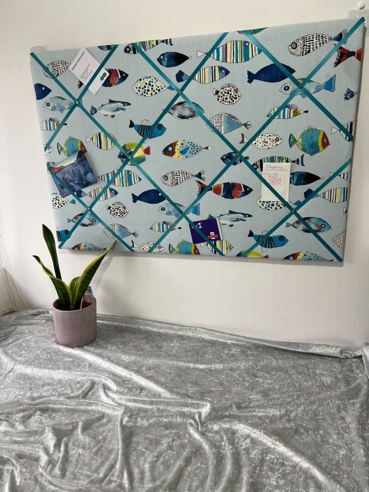 Gone Fishing Padded Fabric Notice Memo Board in Ocean Blue - Aesthetically 