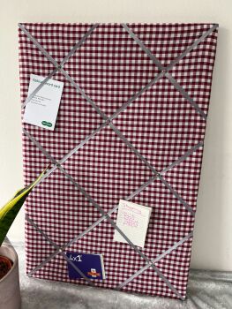 Cute Gingham Check Lightly Padded Fabric Notice Memo Board in Red Wine / Burgundy - Wall decor to help declutter -store photos, notes, cards