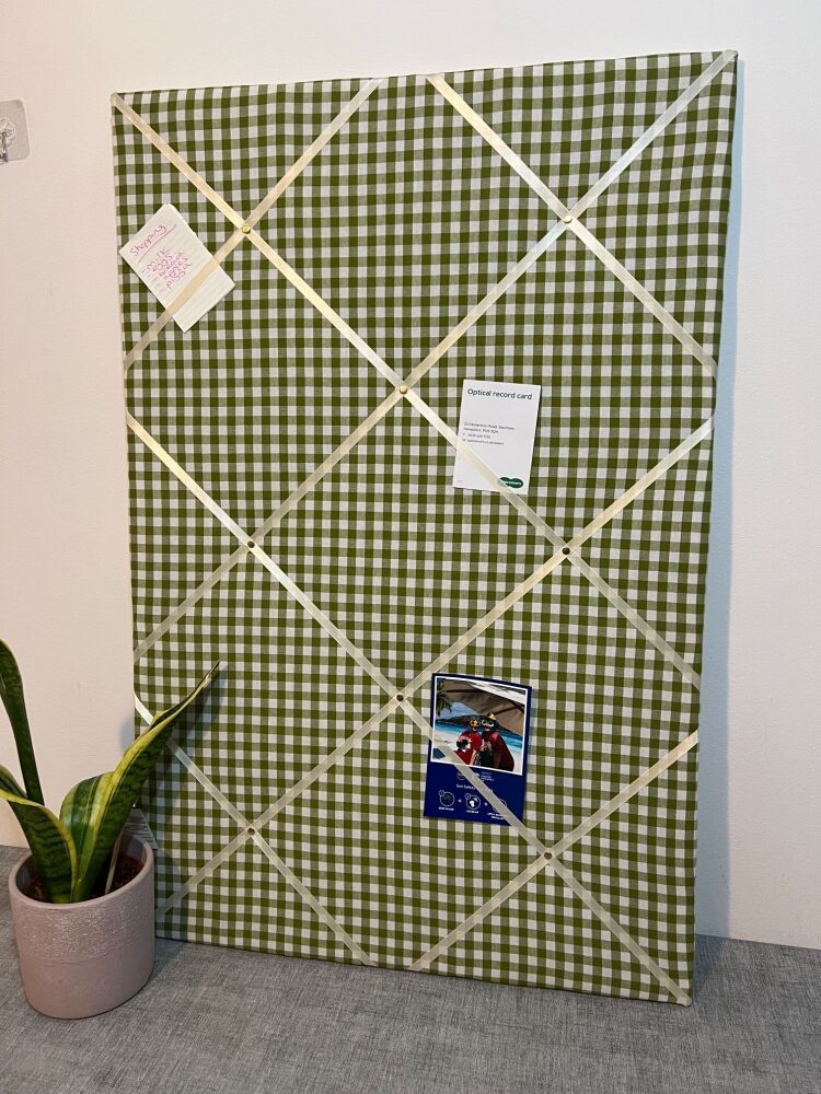 Handmade Sage Green Gingham Fabric Notice Board - Lightly Padded Memo and P