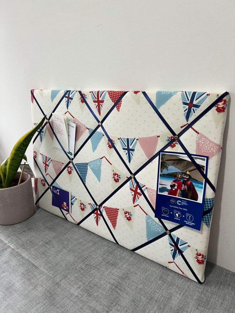 Blue Union Jack Bunting Floral Fabric Notice Memo Board - Handmade Personal