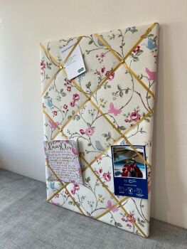 White Bird Trail Fabric Notice Board – French Memo Style for Displaying Photos, Memories, Keepsakes and Notes – Lightly Padded with Ribbon Detail