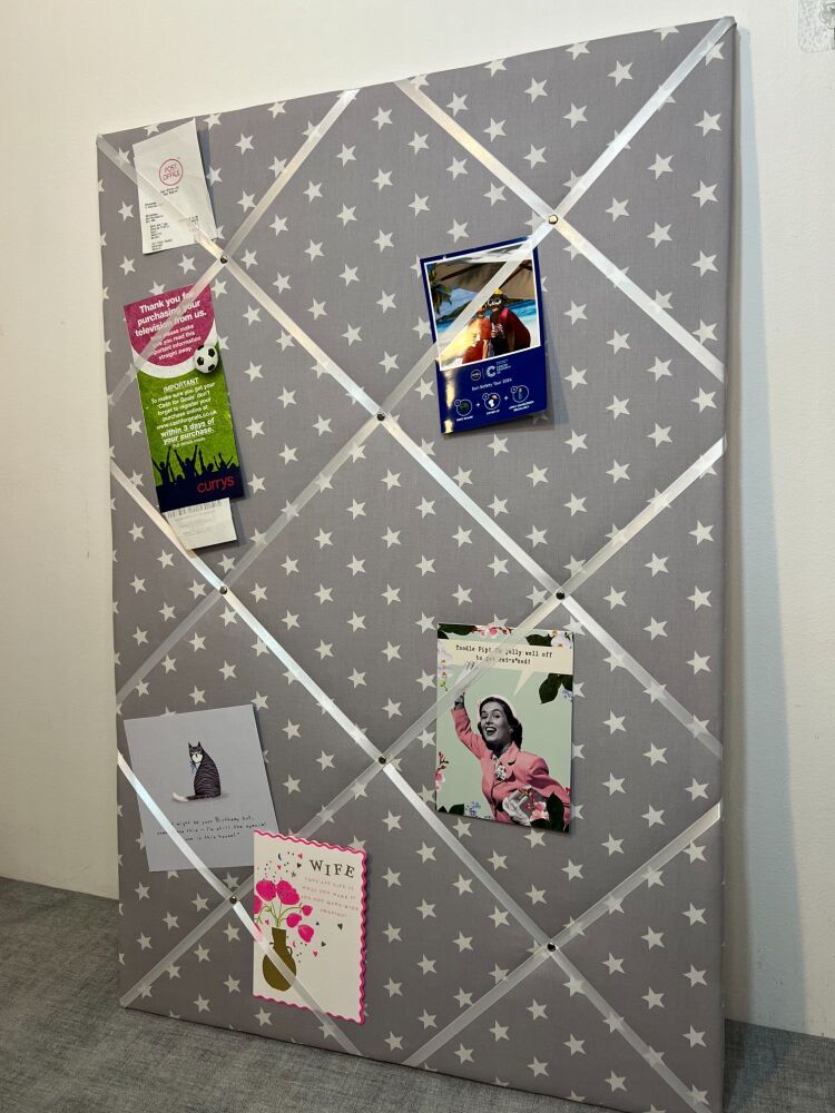 Dark Grey & White Star Fabric Notice Board – French Memo Ribbon Bulletin Bo