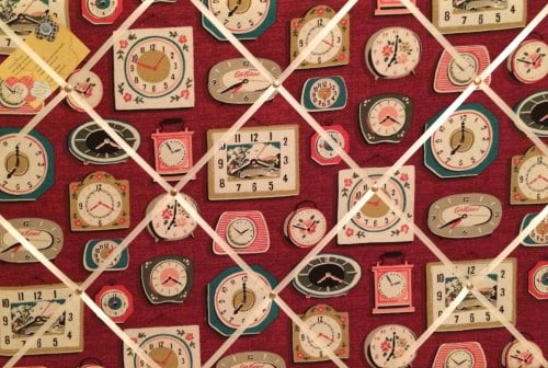 Large 60x40cm Cath Kidston Clocks Burgandy Red Hand Crafted Fabric Notice /