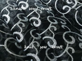 Black Sheer Organza Silver Glitter Swirls Fabric Per Half Metre