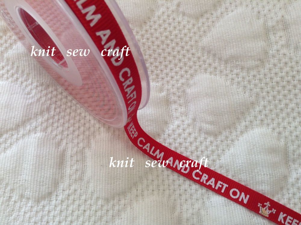 Keep Calm And Craft On Ribbon Red White Lettering Gold Crown Print