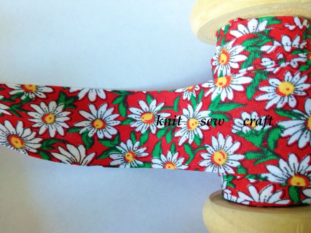 bias binding flower pattern 25mm red white daisy floral cotton 2329