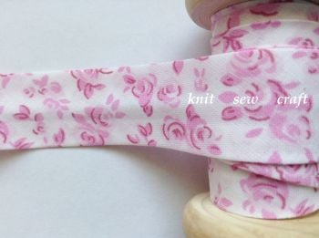 25mm Wide Flower Patterned Cotton Bias White Pink Floral Print 3547