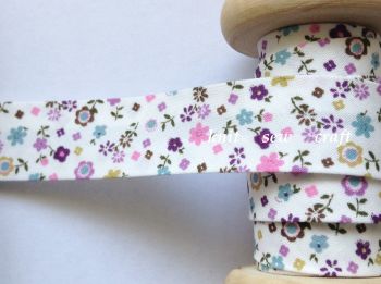 bias binding with pink lilac and blue flowers 18mm wide