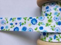 cotton bias with flower print blue yellow green on white fabric 026 1m