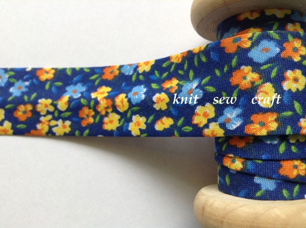 Flower Patterned Cotton Tape - Navy Blue, Orange, Yellow 883-2203