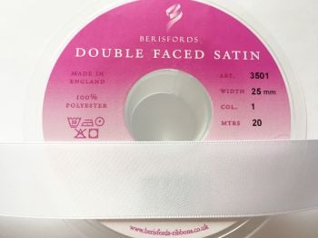 Double Faced 25mm White Satin Ribbon Berisfords