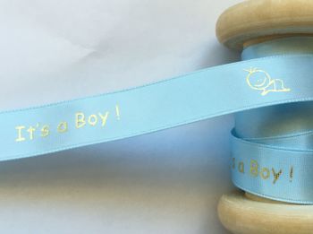 It’s A Boy! Ribbon 15mm x 1m Blue/Gold Baby Motif Printed Text