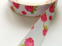 25mm White Grosgrain Ribbon -  Bertieâ€™s Bows Roses Print