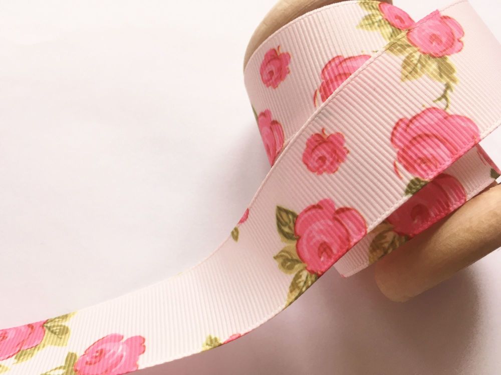 Grosgrain Ribbon - Bertie’s Bows 25mm Pink Roses Print