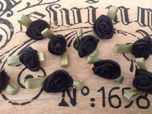 10 Black Ribbon Roses with Green Leaves
