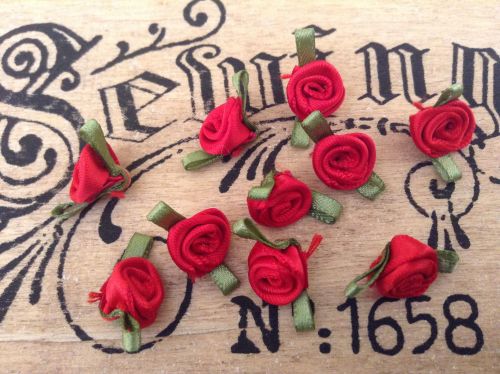 10 Red Ribbon Roses with Green Leaves
