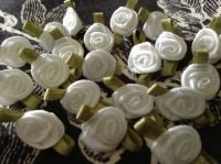 White Satin Ribbon Roses With Green Leaf