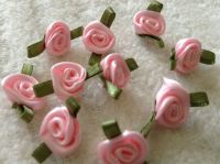 Pink Satin Ribbon Roses With Green Leaf