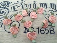 Light Peach Satin Ribbon Roses With Green Leaf