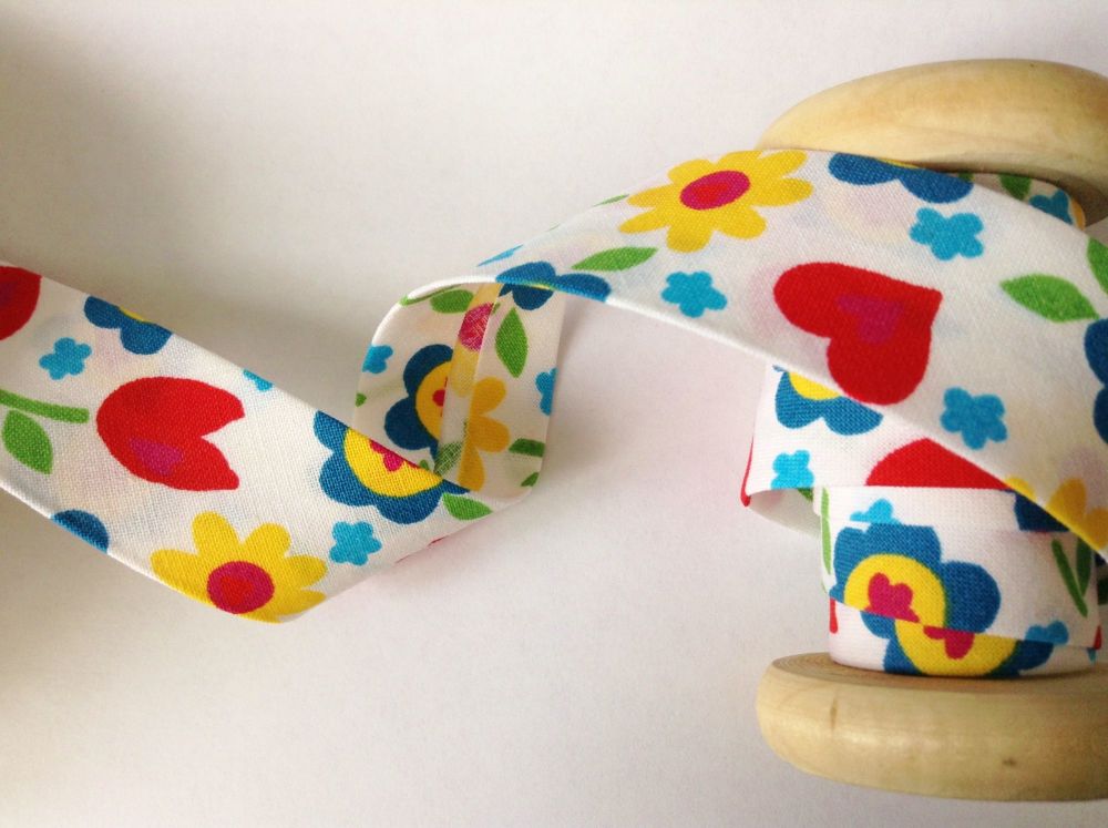 Hearts Flowers Print Cotton Bias 25mm Red White Yellow Half Metre