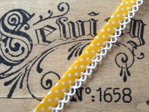 yellow polka dots bias binding with lace trimmed edge