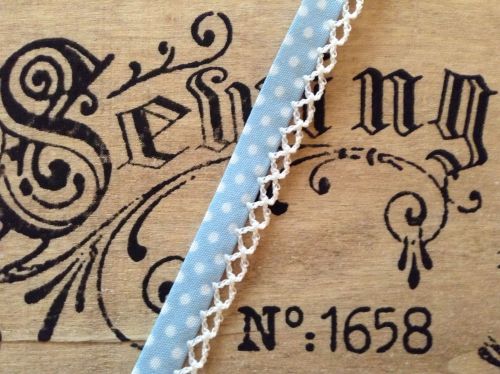 baby blue polka dots bias fabric with white lace