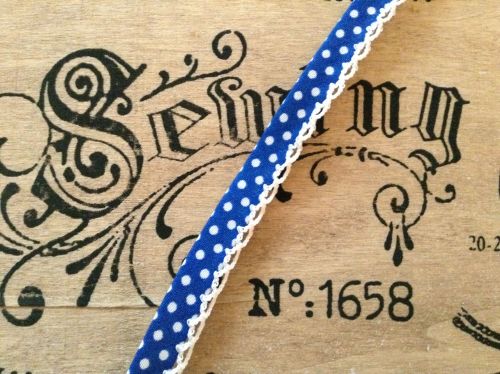 royal blue polka dots fabric trim with white lacy trim