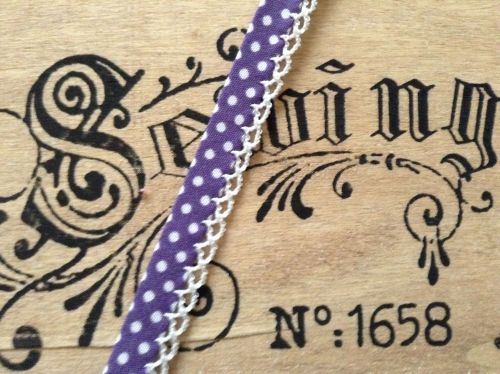 purple polka dots bias fabric with lace trim detail