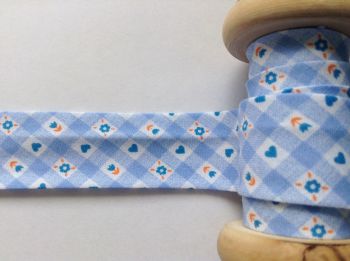 Light Blue Gingham Check Bias Binding - Hearts Flowers Print