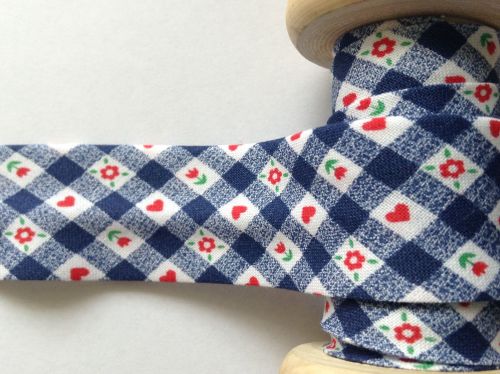 Navy Blue Gingham Check Bias Binding With Hearts Flowers