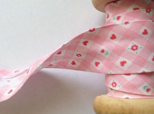 Pink Gingham Check Bias With Red Hearts Flowers Pattern