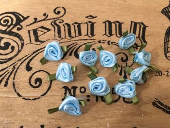 10 Antique Blue Ribbon Roses with Green Leaves