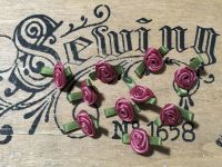 10 Dusky Pink Ribbon Roses with Green Leaves for Hand Sewing Crafts