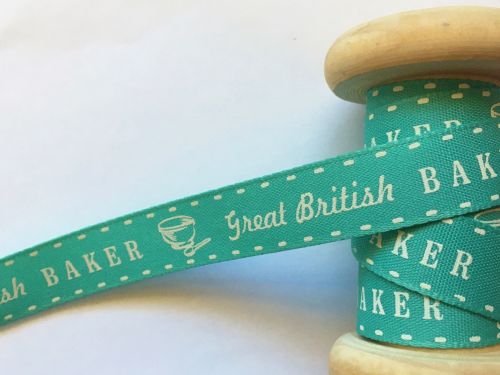 Great British Baker Ribbon 15mm Berisfords Green White Vintage Range