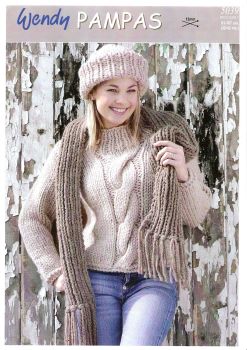 Wendy Pampas Knitting Pattern 5039 Cable Sweater, Hat, Scarf