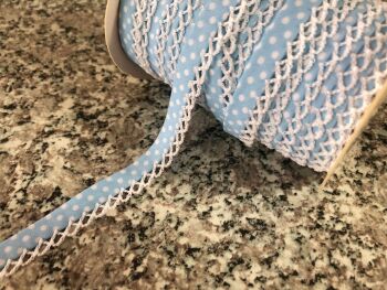 baby blue polka dots bias fabric with white lace
