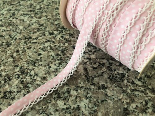 Baby Pink Polka Dot Lace Edge Bias Binding