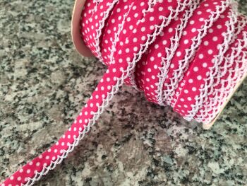 Lace Edge Bias Binding - Bright Pink Polka Dots