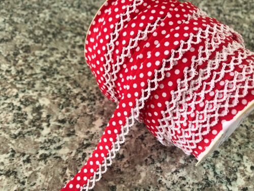 Lace Trimmed Bias - Red Polka Dots