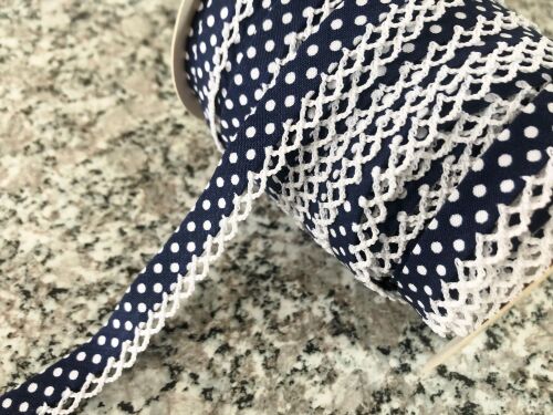 Lace Trimmed Bias Binding - Navy Polka Dots Pattern
