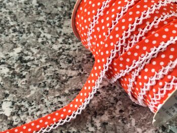 Lace Trimmed Bias Binding - Orange Polka Dots