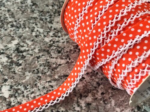 orange polka dots bias fabric with lace trim