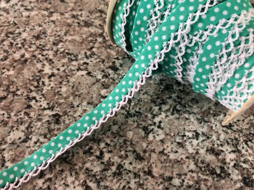 lace trimmed polka dots bias binding - mint green