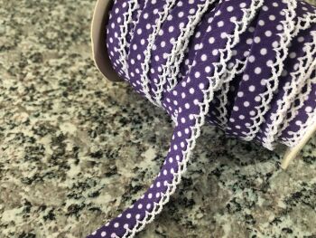 purple polka dots bias fabric with lace trim detail