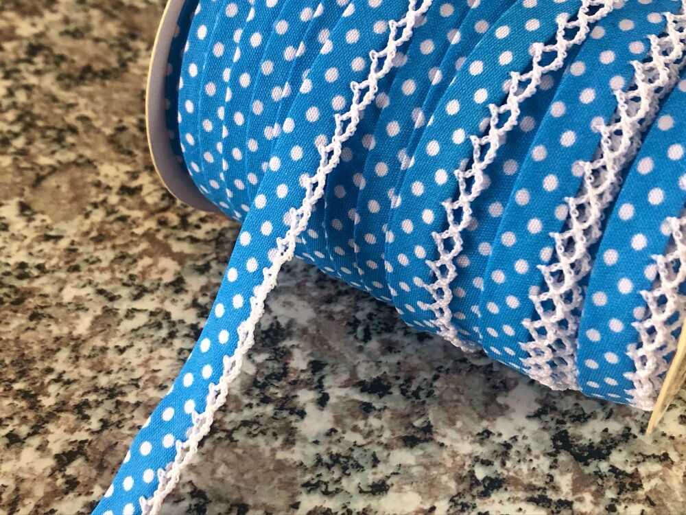 Polka Dots Pattern Bias Binding Lace Trimmed Edge - Sky Blue